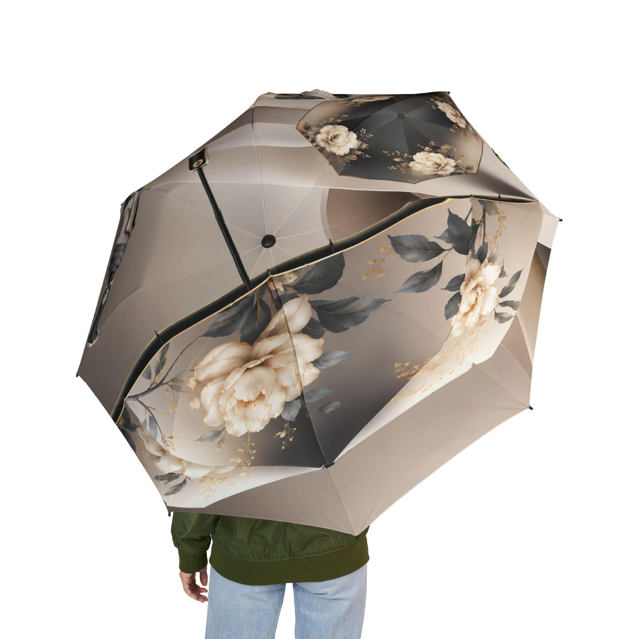 Vintage Rose Floral Semi-Automatic Foldable Umbrella | Neutral Beige Blooms - image 4