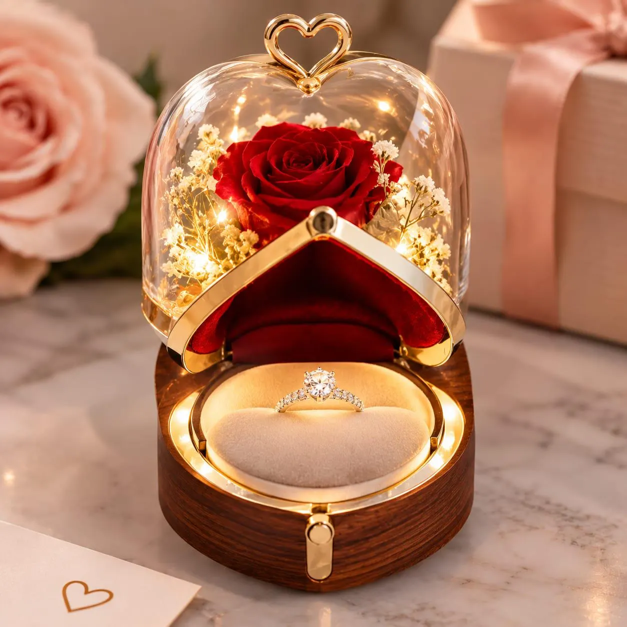 Luxury Glass Dome Ring Box, Rose Engagement Ring Holder