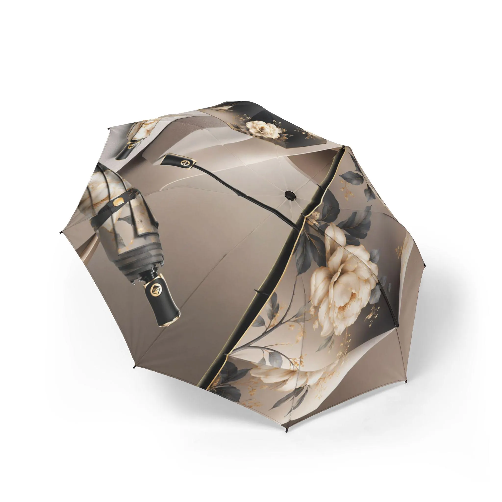 Vintage Rose Floral Semi-Automatic Foldable Umbrella | Neutral Beige Blooms