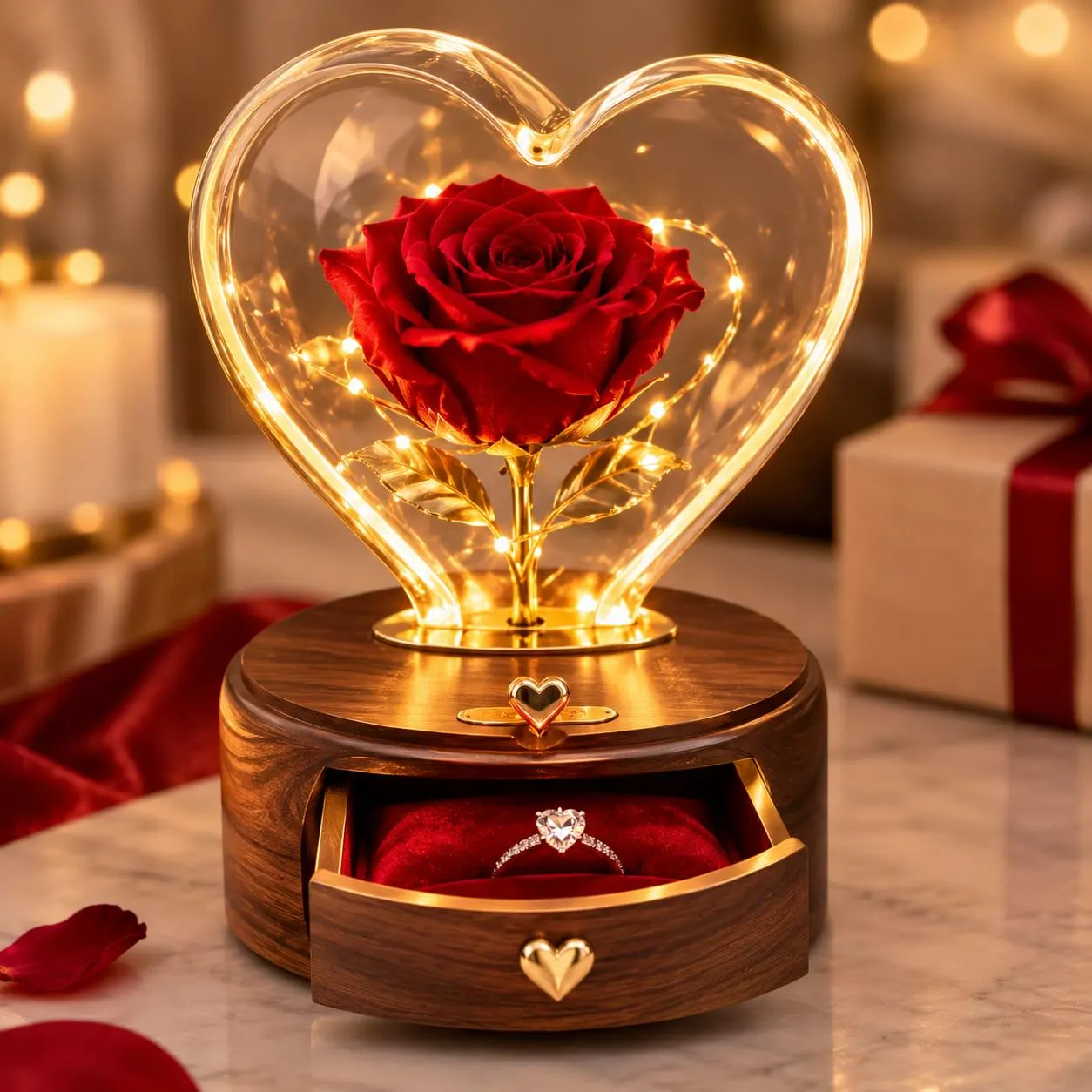 Heart Rose Ring Box with LED Lights, Romantic Proposal Ring Holder