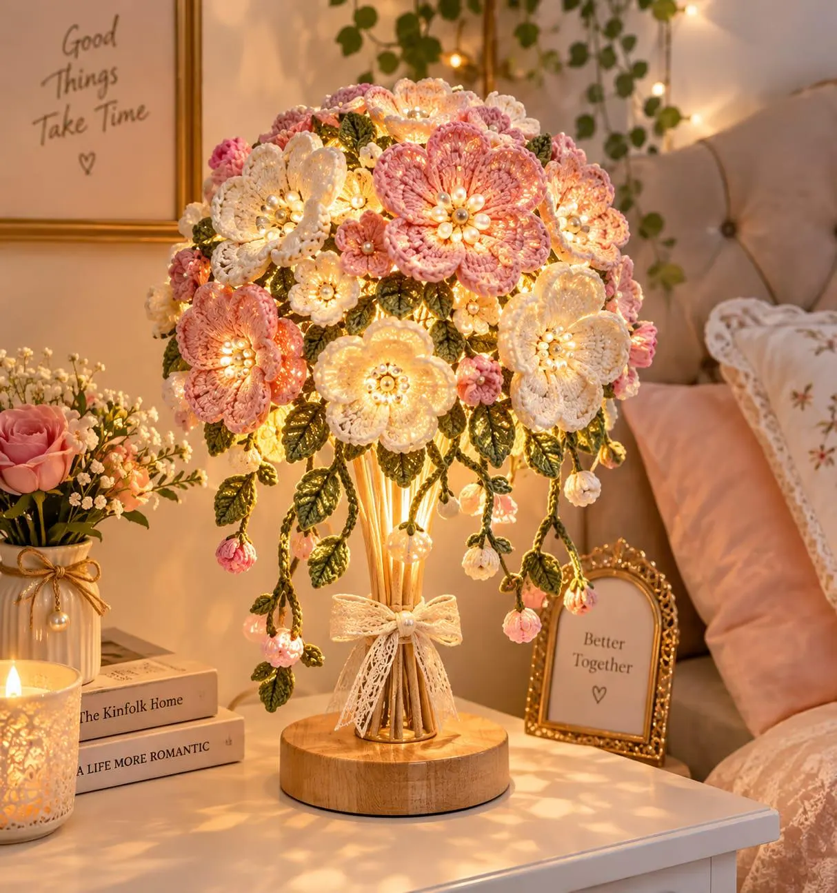 Crochet Flower Lamp, Handmade Floral Lamp, Wedding Room Decor, Romantic Bedroom Light,