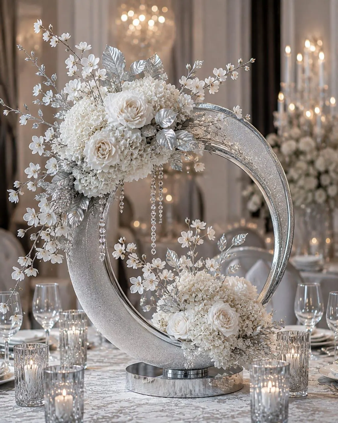 Silver Wedding Centerpiece | Luxury Floral Table Decor