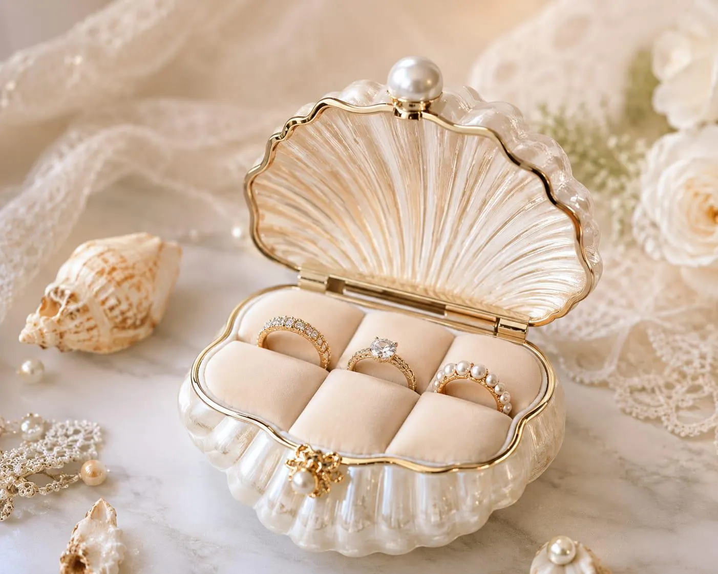 3 Ring Seashell Box, Luxury Pearl Ring Holder, Wedding Ring Box, Bridal Ring Box