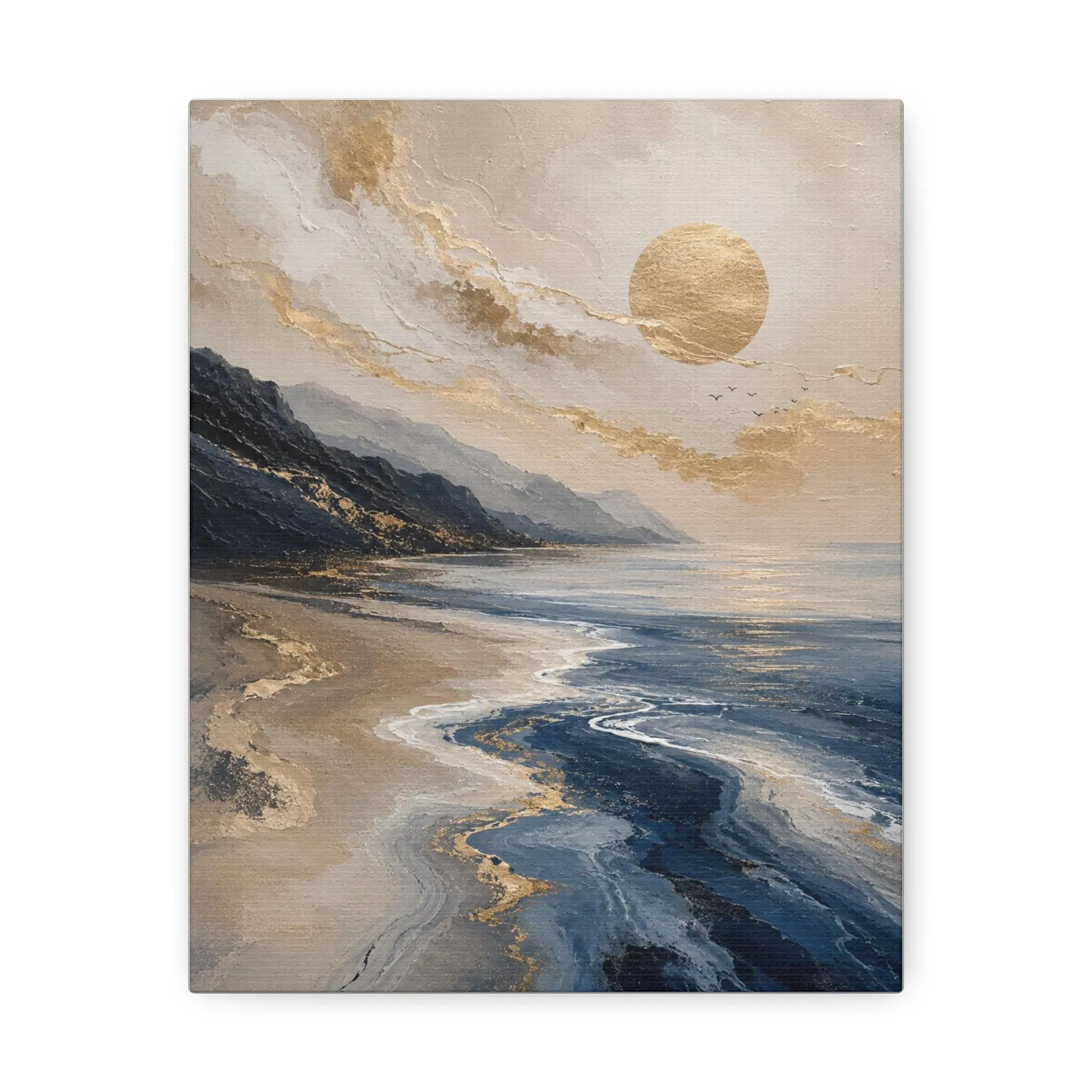 Gold Sun Coastal Wave Stretched Canvas | Abstract Beach Landscape