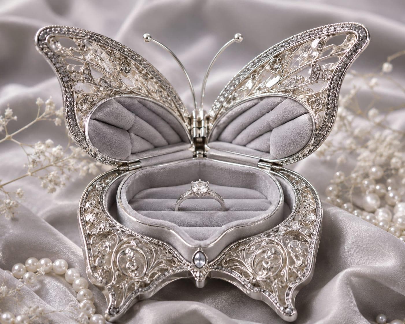 Luxury Silver Butterfly Ring Box | Elegant Engagement Ring Holder