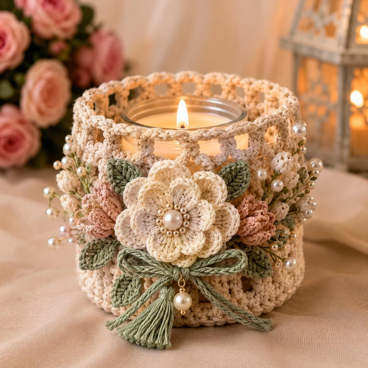 Crochet Candle Holder, Handmade Floral Decor, Boho Wedding Gift, Romantic Home Decor