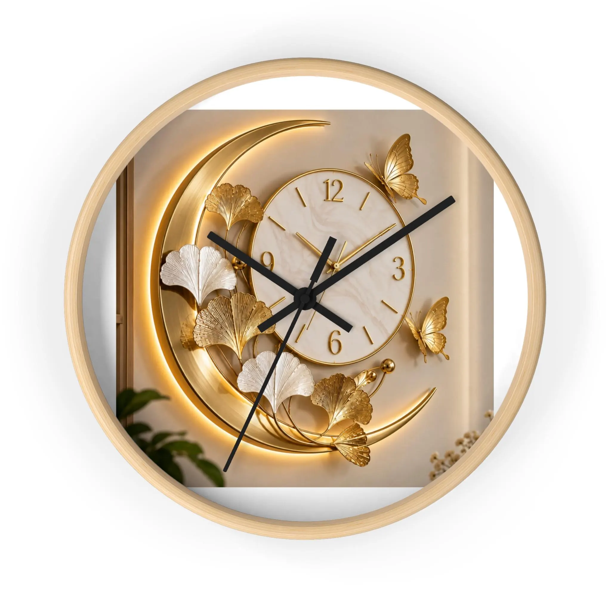 Golden Moon Butterfly Wall Clock | Decorative Floral Clock