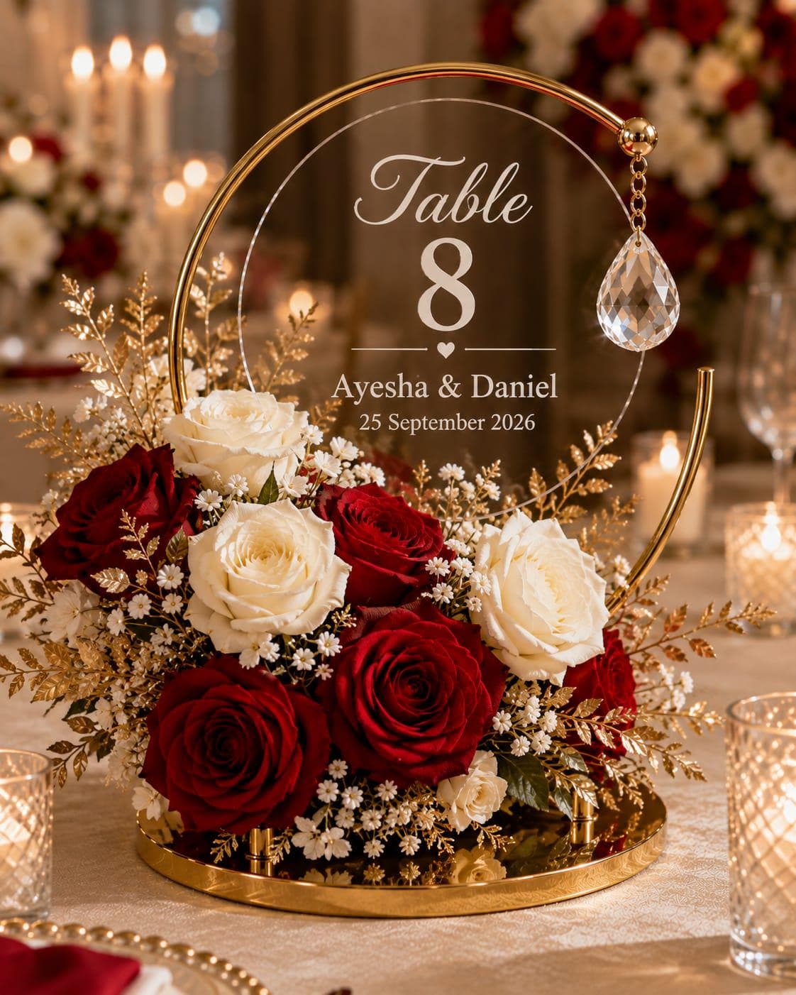 Personalized Wedding Centerpiece, Red White Rose Table Decor, Custom Table Number Sign