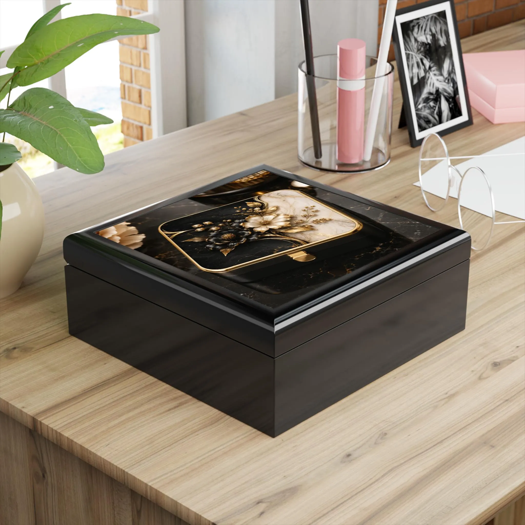 Black and Gold Floral Jewelry Box | Decorative Trinket Box - image 3