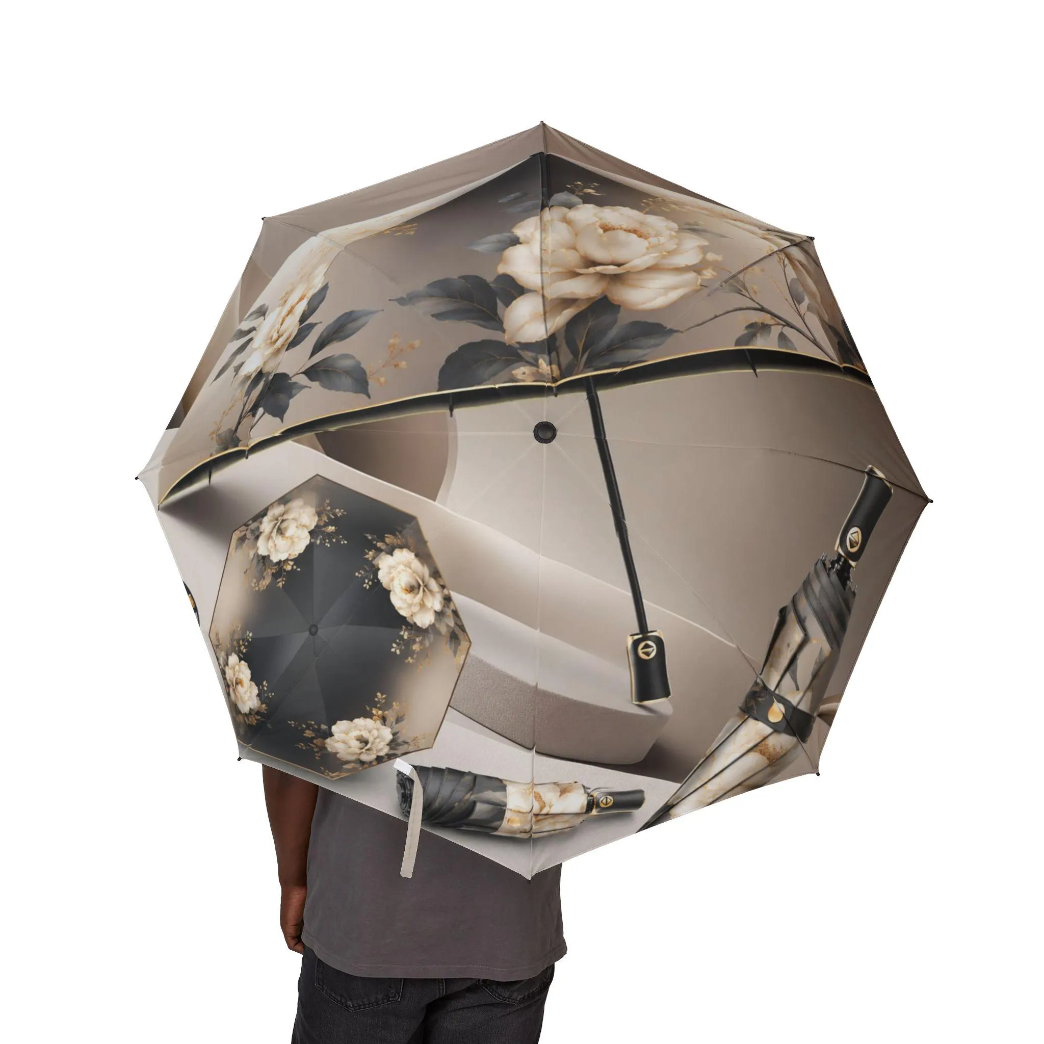 Vintage Rose Floral Semi-Automatic Foldable Umbrella | Neutral Beige Blooms - image 5