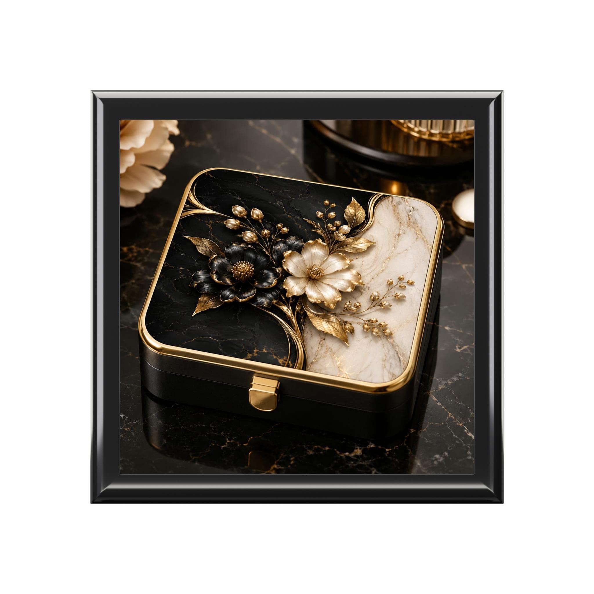 Black and Gold Floral Jewelry Box | Decorative Trinket Box