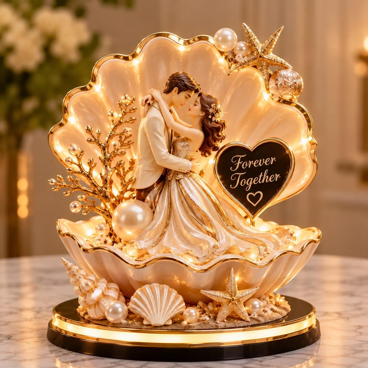 Seashell Wedding Couple Figurine, Pearl Anniversary Gift, Coastal Love Keepsake