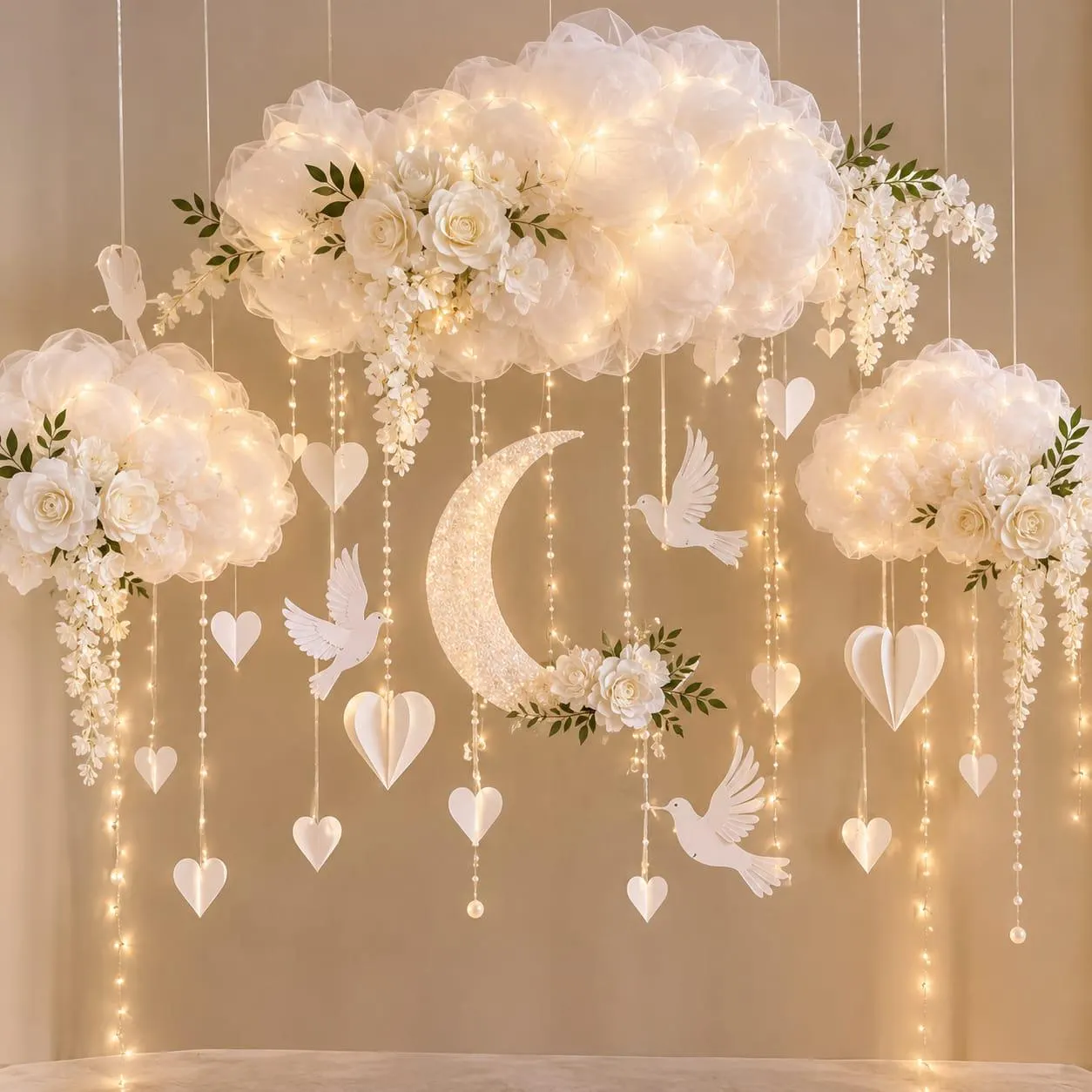 Celestial Moon Wedding Backdrop Decor, White Cloud Floral Wall Hanging