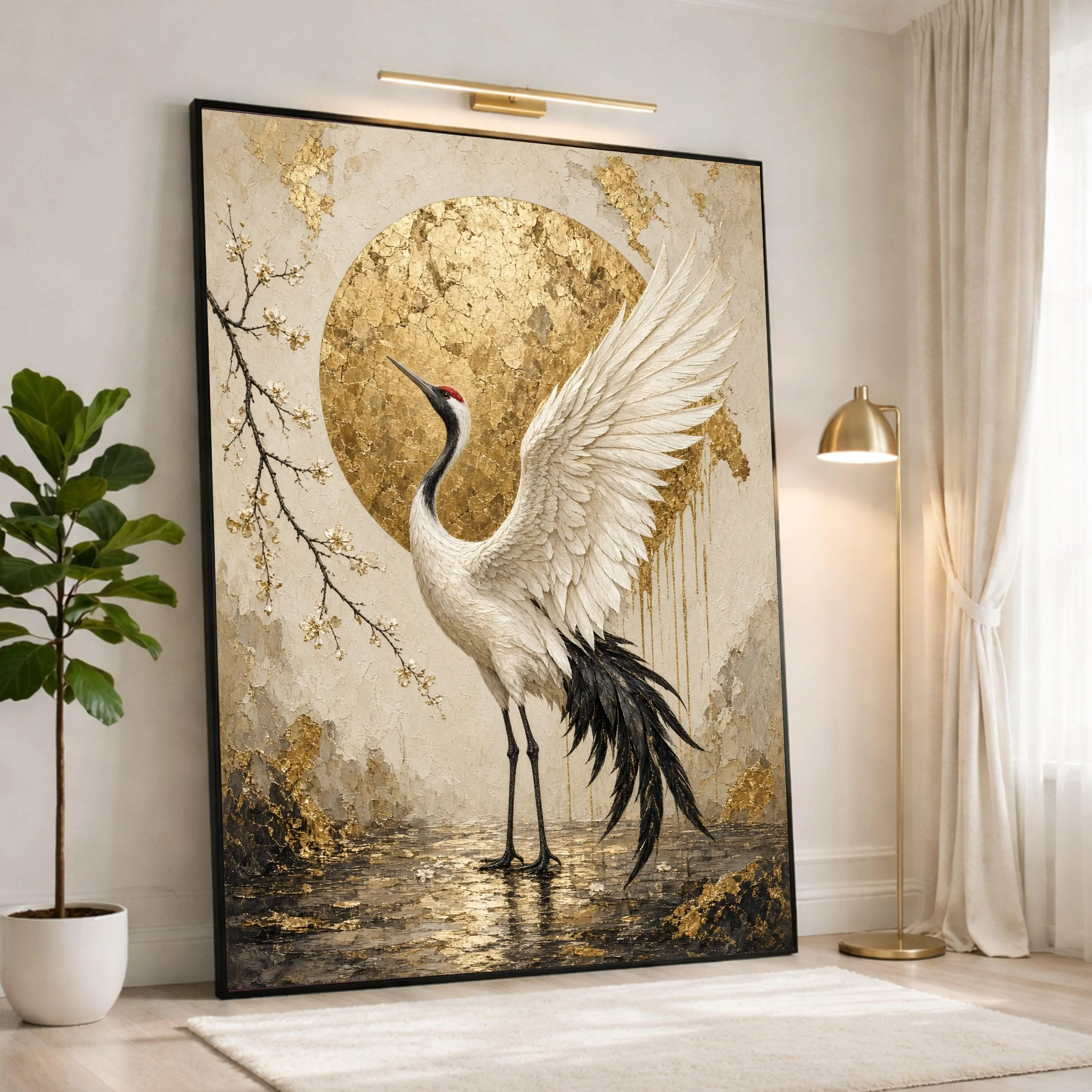 Elegant Crane Wall Art Print, Gold and White Canvas Print for Nature-Inspired Home Decor in Living Room or Bedroom, crane art