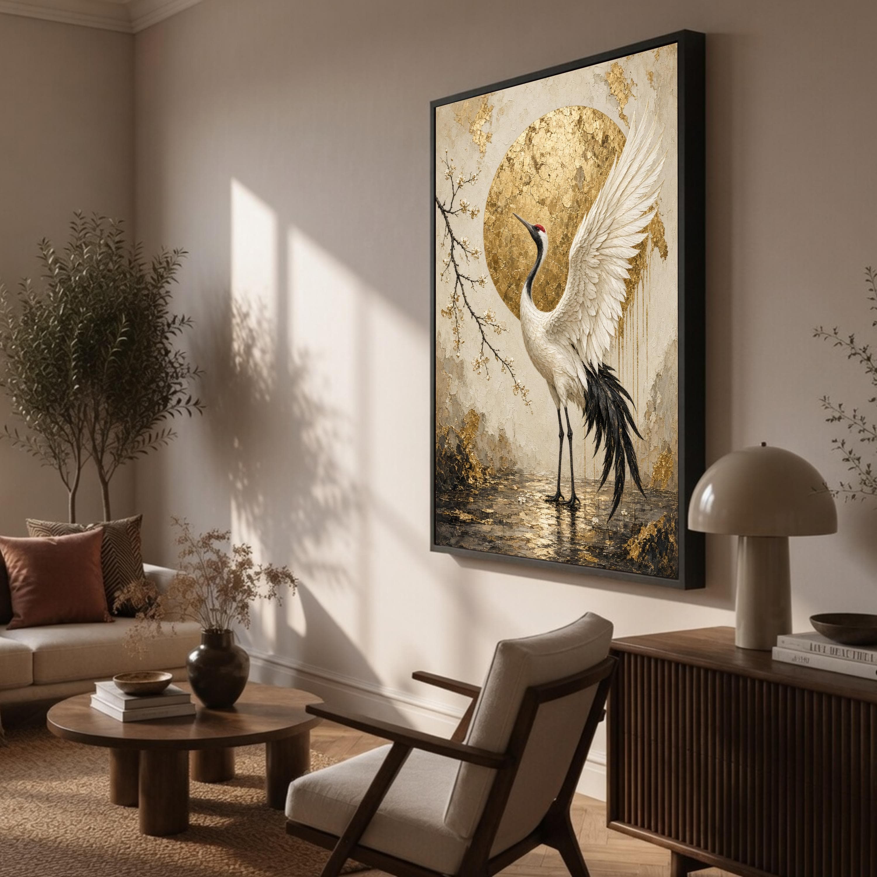Elegant Crane Wall Art Print, Gold and White Canvas Print for Nature-Inspired Home Decor in Living Room or Bedroom, crane art - image 3