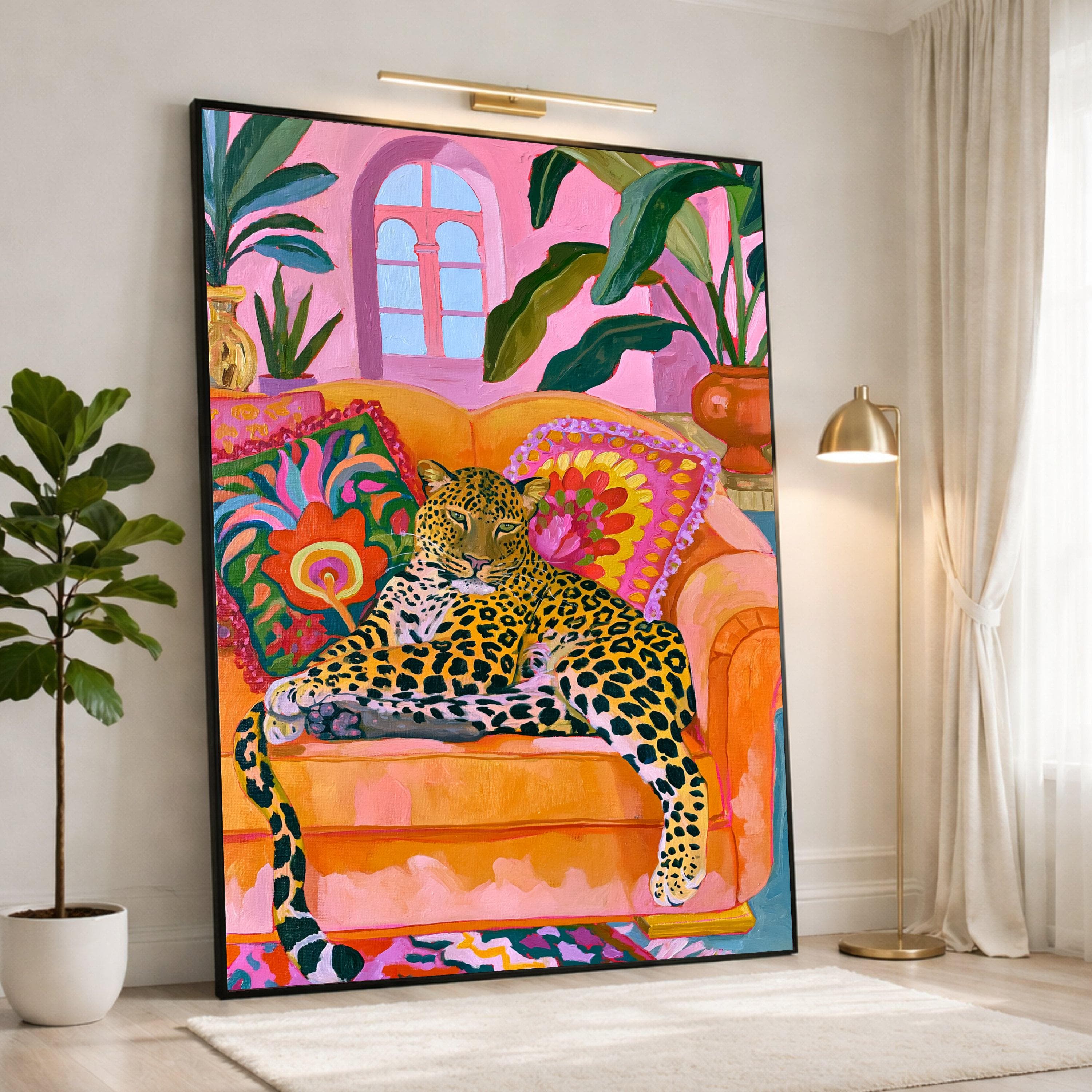 Vibrant Leopard Wall Art Print, Colorful Animal Canvas Decor for Living Room, Bold Modern Jungle Artwork, Cozy Home Style