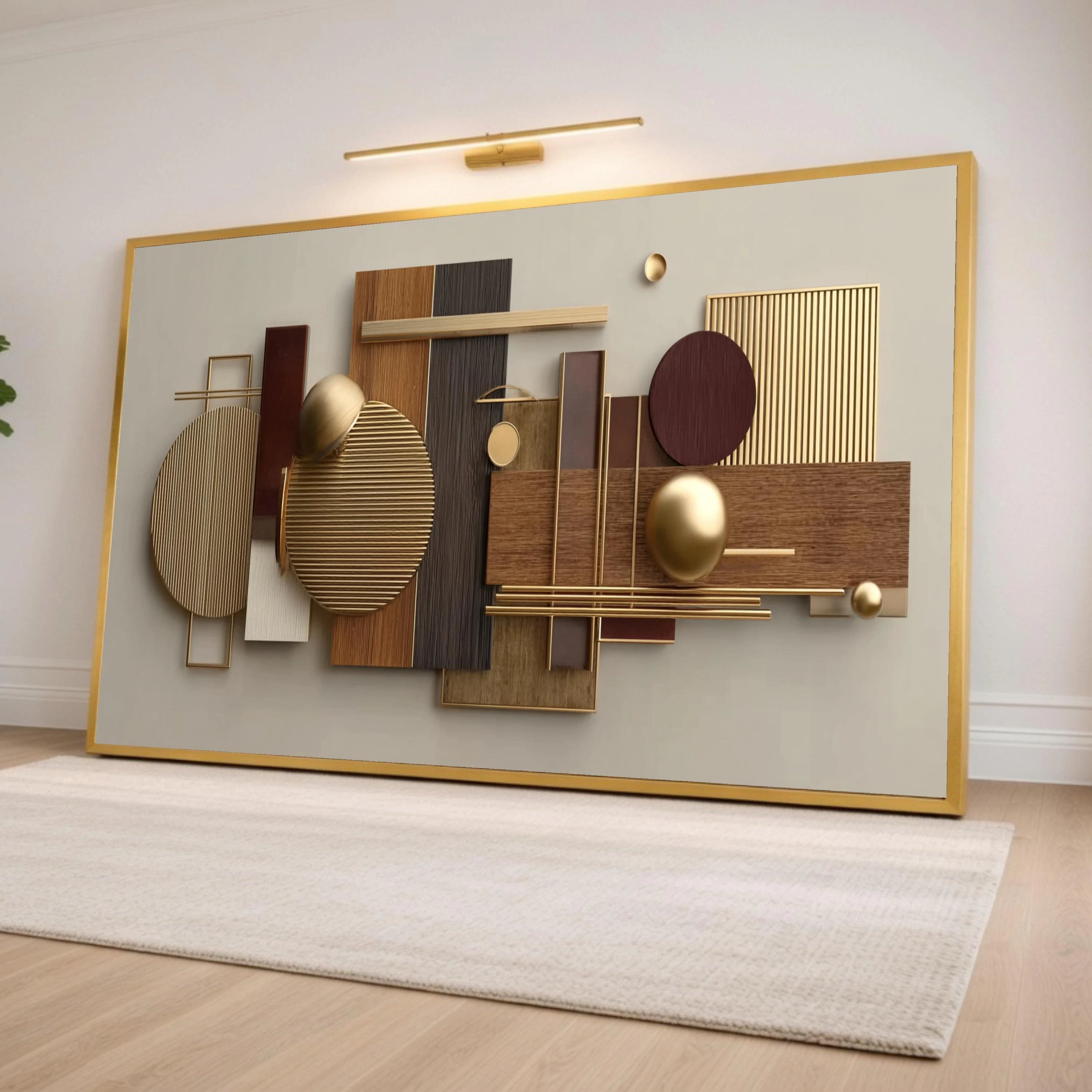 Modern Geometric Abstract Canvas, Gold and Wood Tones Wall Art, Contemporary Home Decor, Luxury Design Canvas, Ready to Hang Artwork