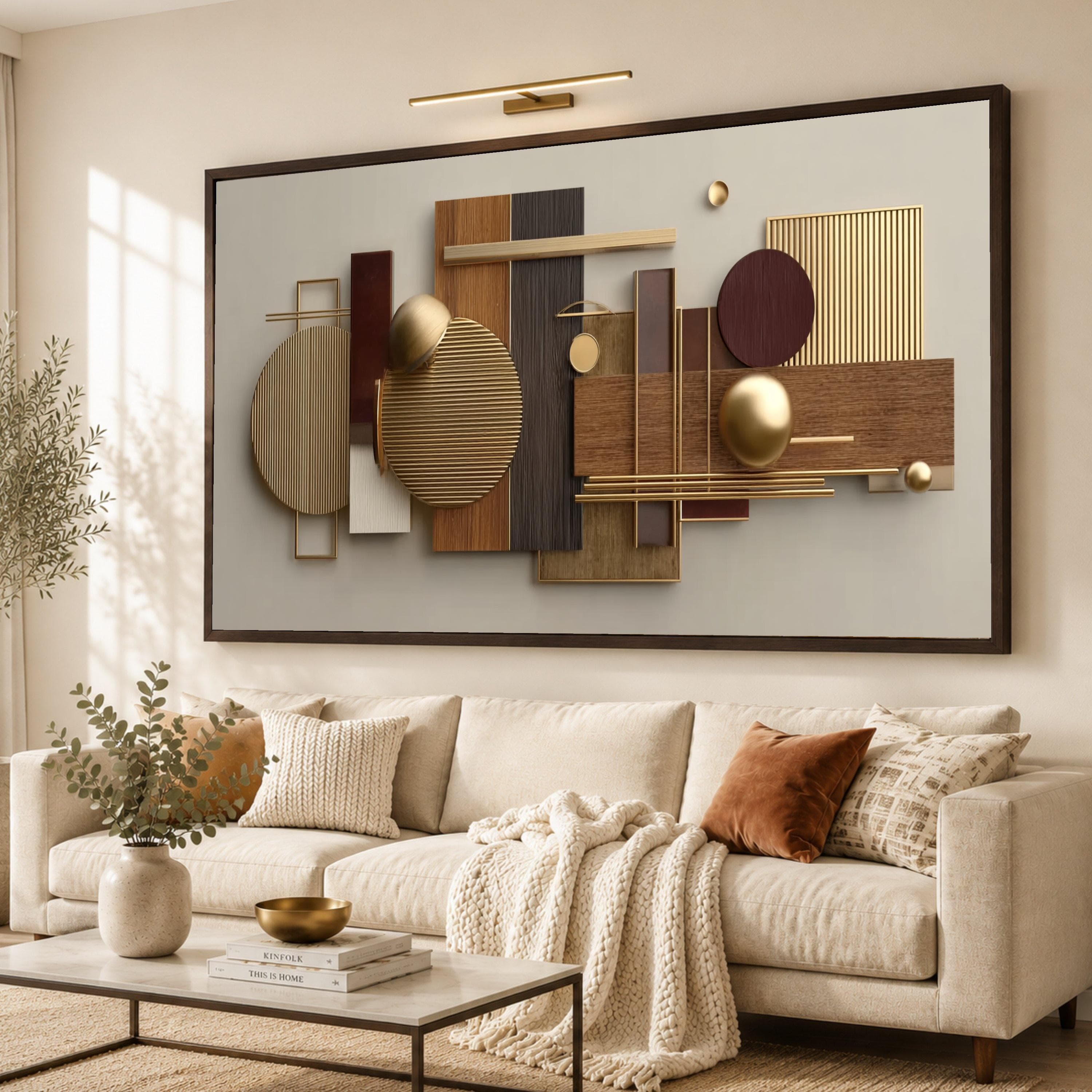 Modern Geometric Abstract Canvas, Gold and Wood Tones Wall Art, Contemporary Home Decor, Luxury Design Canvas, Ready to Hang Artwork - image 2