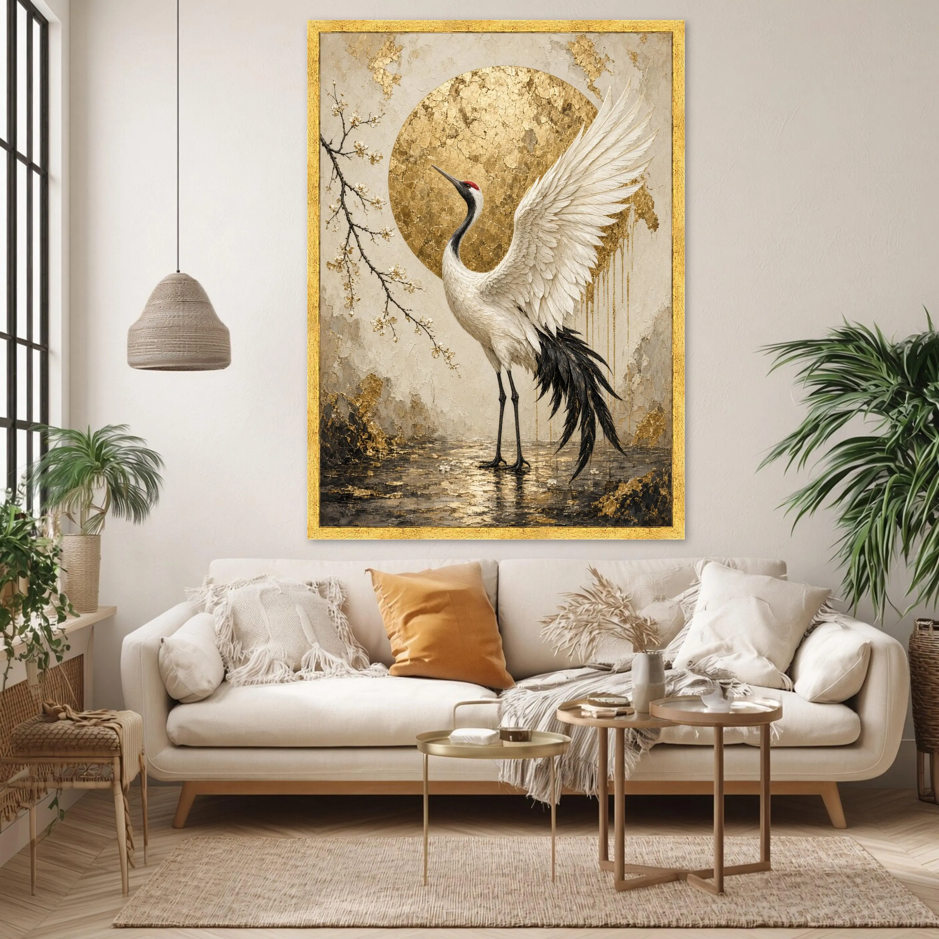 Elegant Crane Wall Art Print, Gold and White Canvas Print for Nature-Inspired Home Decor in Living Room or Bedroom, crane art - image 4