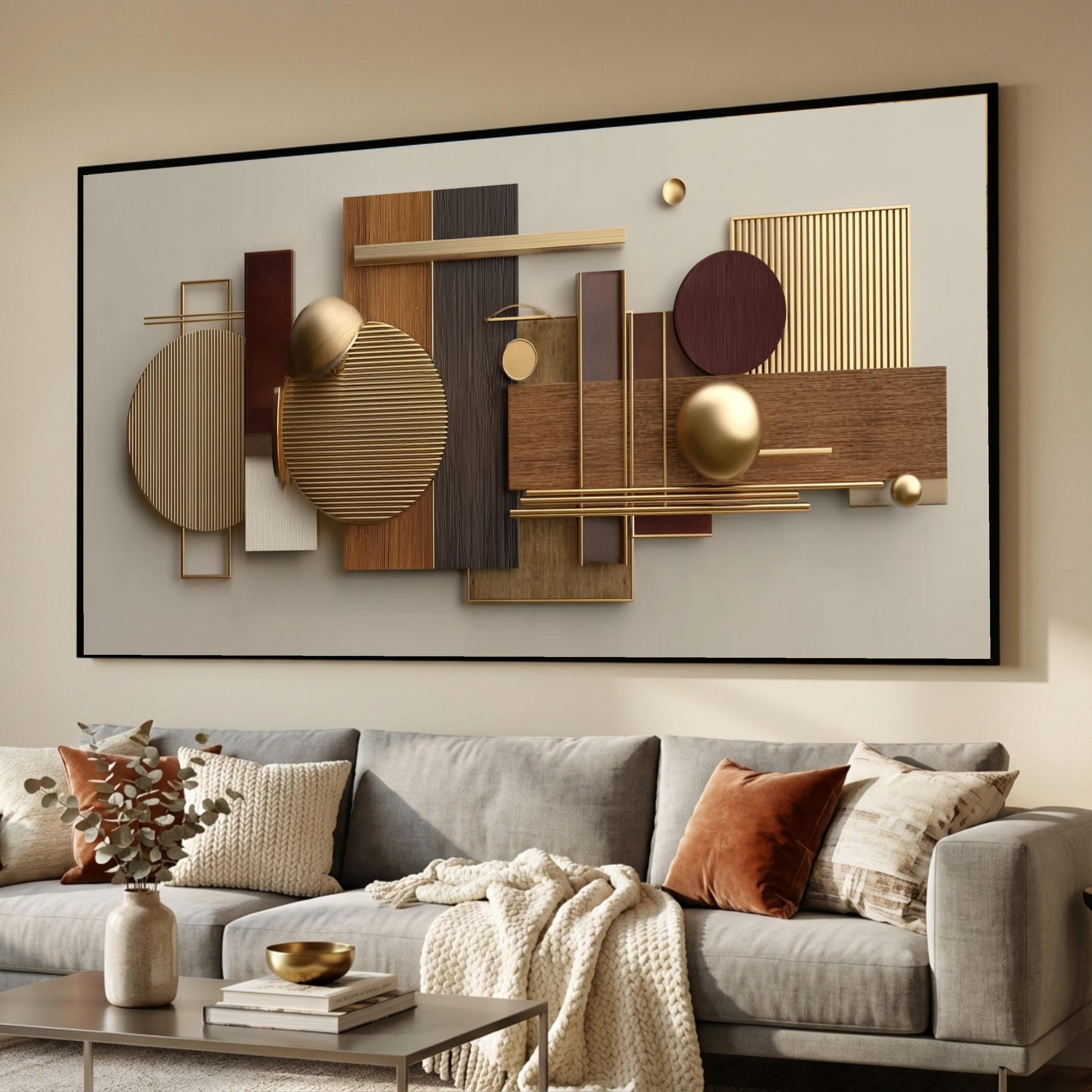 Modern Geometric Abstract Canvas, Gold and Wood Tones Wall Art, Contemporary Home Decor, Luxury Design Canvas, Ready to Hang Artwork - image 3