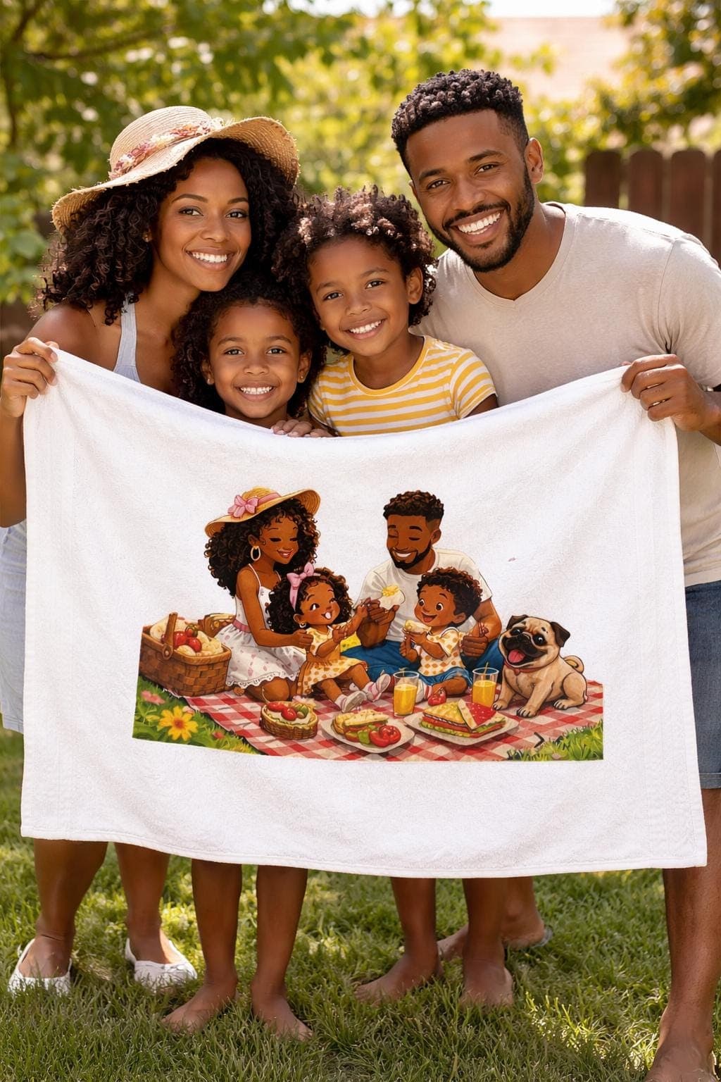 100% White Cotton Towel with African American Family on a picnic - image 3