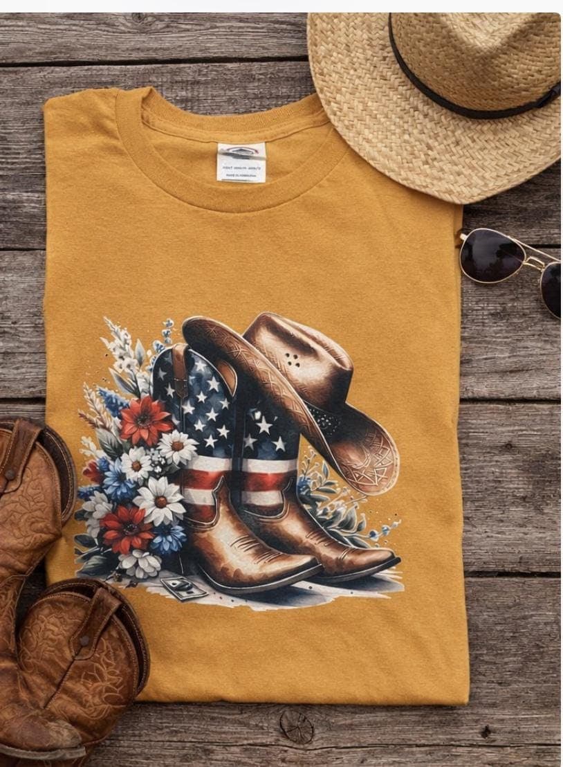 Western Patriotic Cowboy Boots Floral Graphic Tee, Americana Cowgirl Shirt