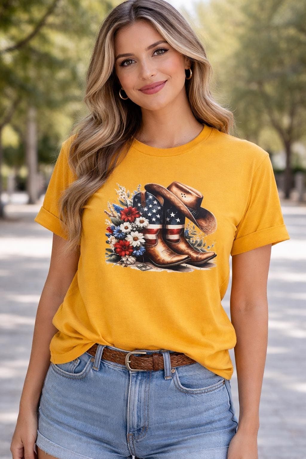 Western Patriotic Cowboy Boots Floral Graphic Tee, Americana Cowgirl Shirt - image 4