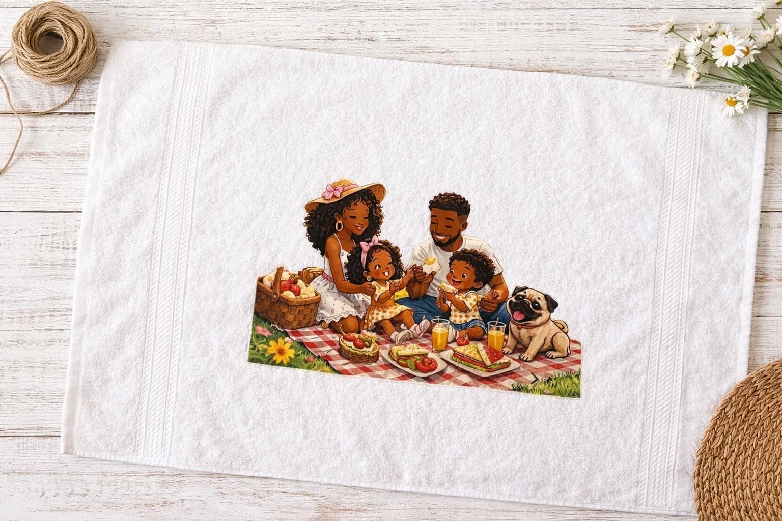 100% White Cotton Towel with African American Family on a picnic