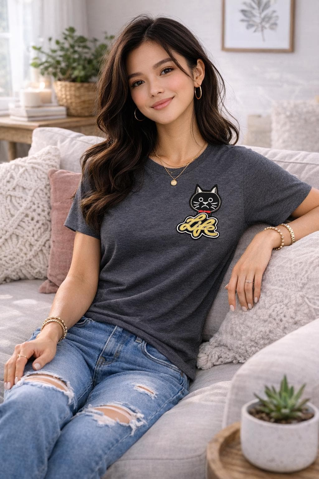 Cat Graphic Tee, Embroidered Life Detail, Unisex Casual Shirt - image 4