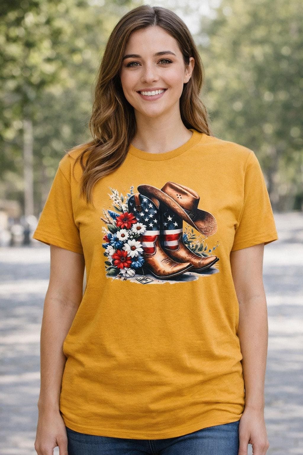 Western Patriotic Cowboy Boots Floral Graphic Tee, Americana Cowgirl Shirt - image 3