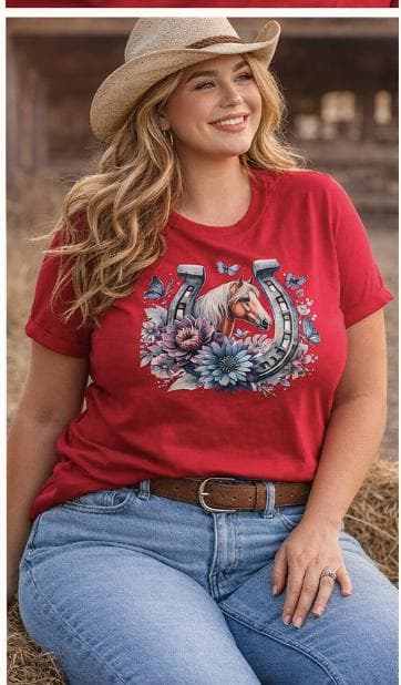 Plus Size Western Horse Graphic Tee, Floral Horseshoe Cowgirl Shirt - image 3