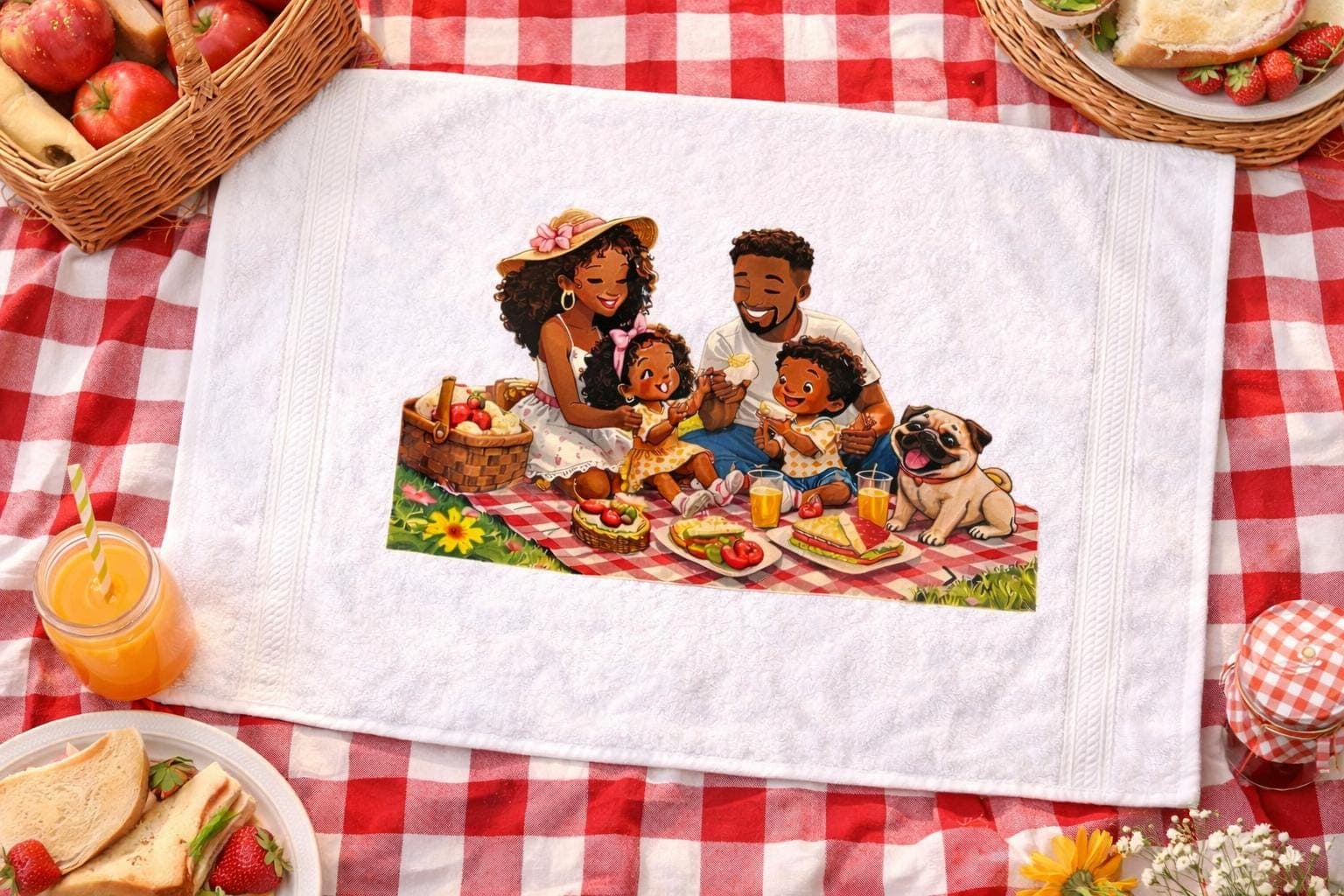 100% White Cotton Towel with African American Family on a picnic - image 4