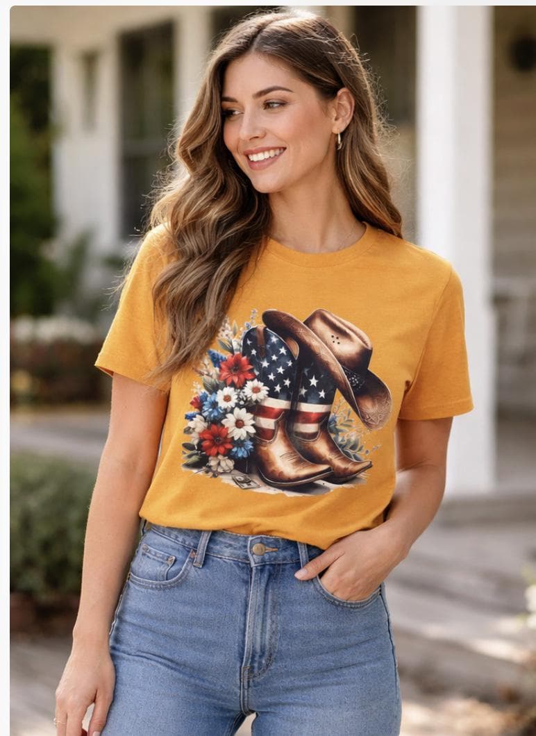 Western Patriotic Cowboy Boots Floral Graphic Tee, Americana Cowgirl Shirt - image 5