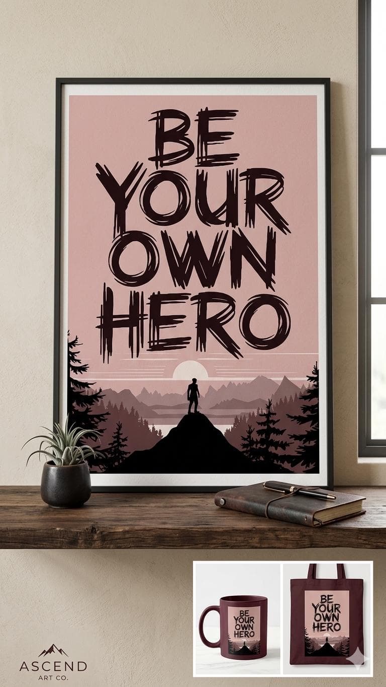 Be Your Own Hero Motivational Print – Minimalist Mountain Landscape Poster - image 3