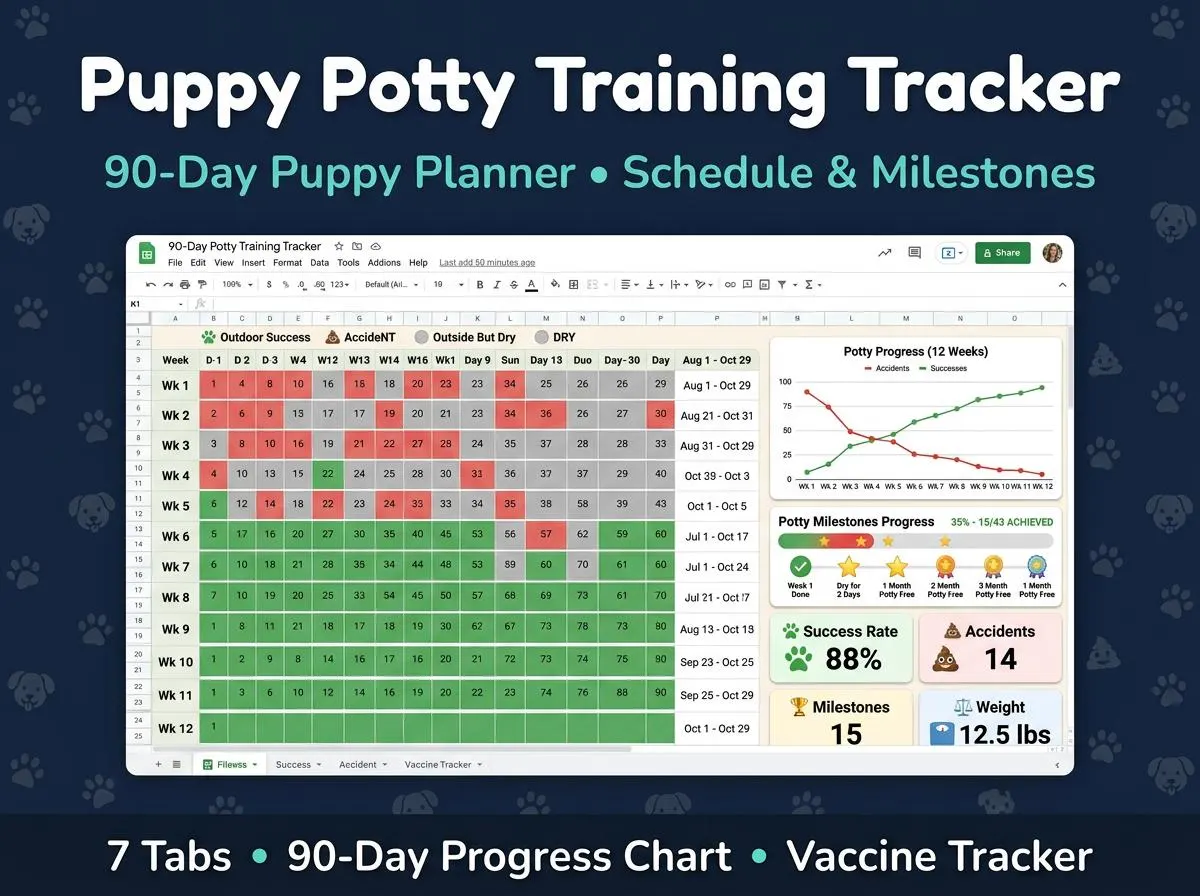 Puppy Potty Training Tracker Google Sheets | Puppy Schedule Log | 90 Day Puppy Planner | Digital Download