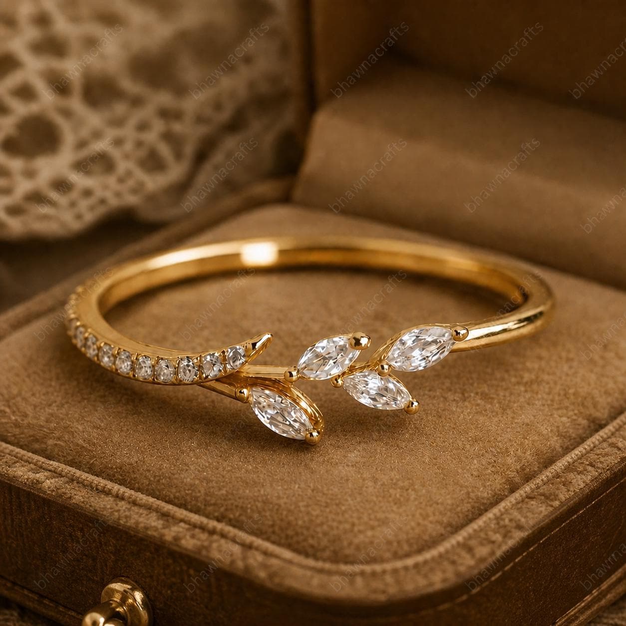Moissanite Leaf Ring – 925 Sterling Silver Gold Plated Open Band, Minimalist Nature Inspired Engagement Promise Ring - image 4