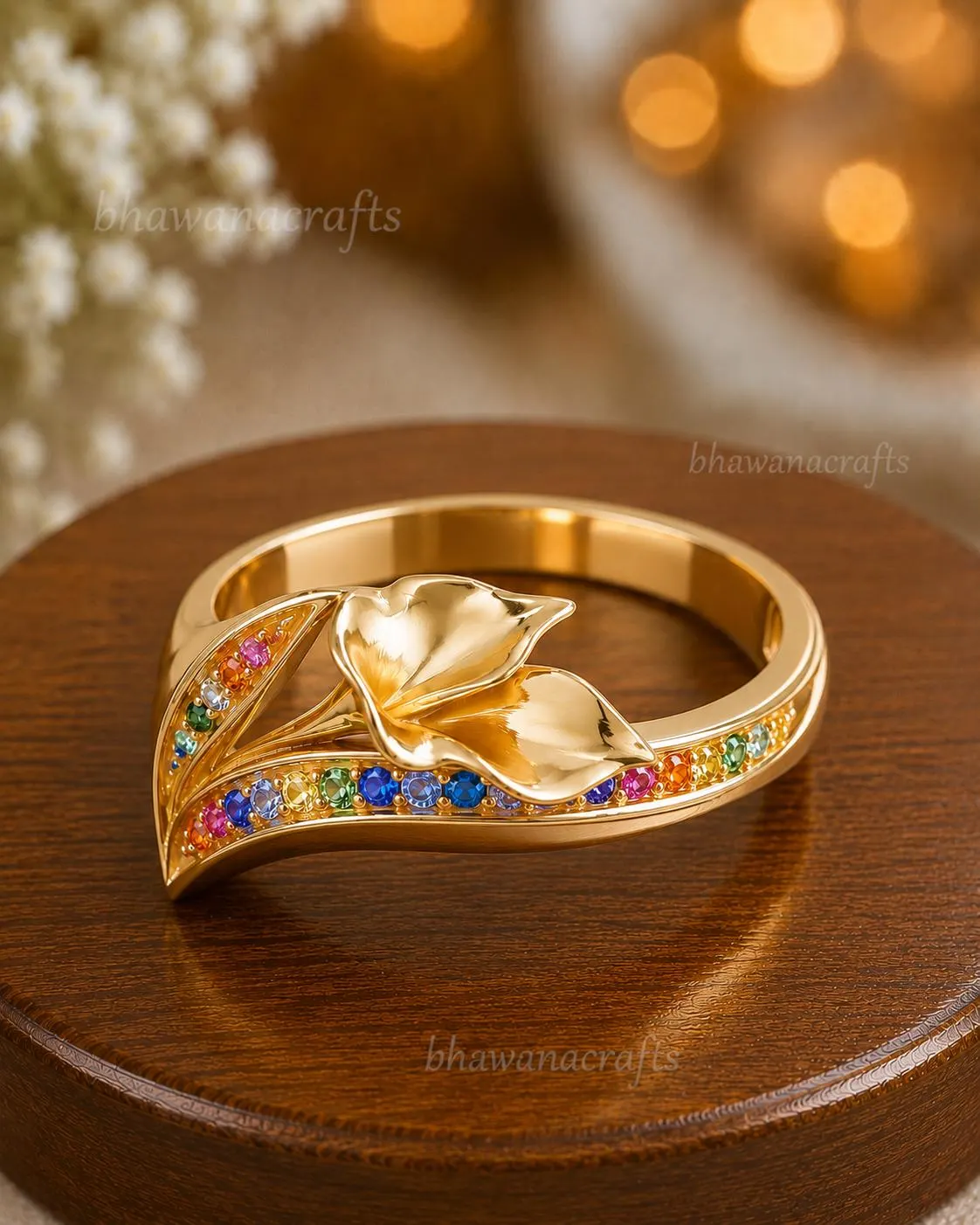 Rainbow Multicolor Leaf Flower Ring, 925 Sterling Silver Ring, Gold Plated Floral Band, Colorful Gemstone Ring, Gift for Women
