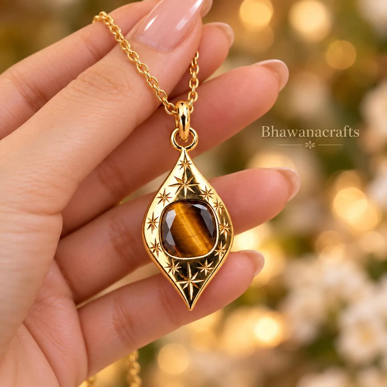 Tiger Eye Pendant Necklace, 925 Sterling Silver, Gold Tone Gemstone Pendant, Natural Tiger Eye Jewelry, Boho Gift for Her
