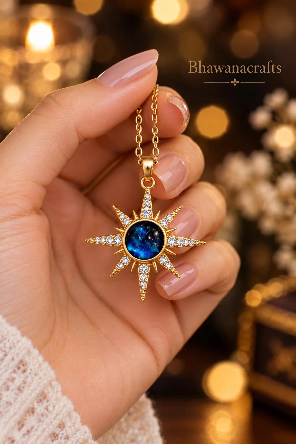 Blue Galaxy Starburst Pendant Necklace, 925 SterlingSilver Celestial Sun Necklace, Sparkling Crystal Compass Pendant, Astrology Jewelry Gift