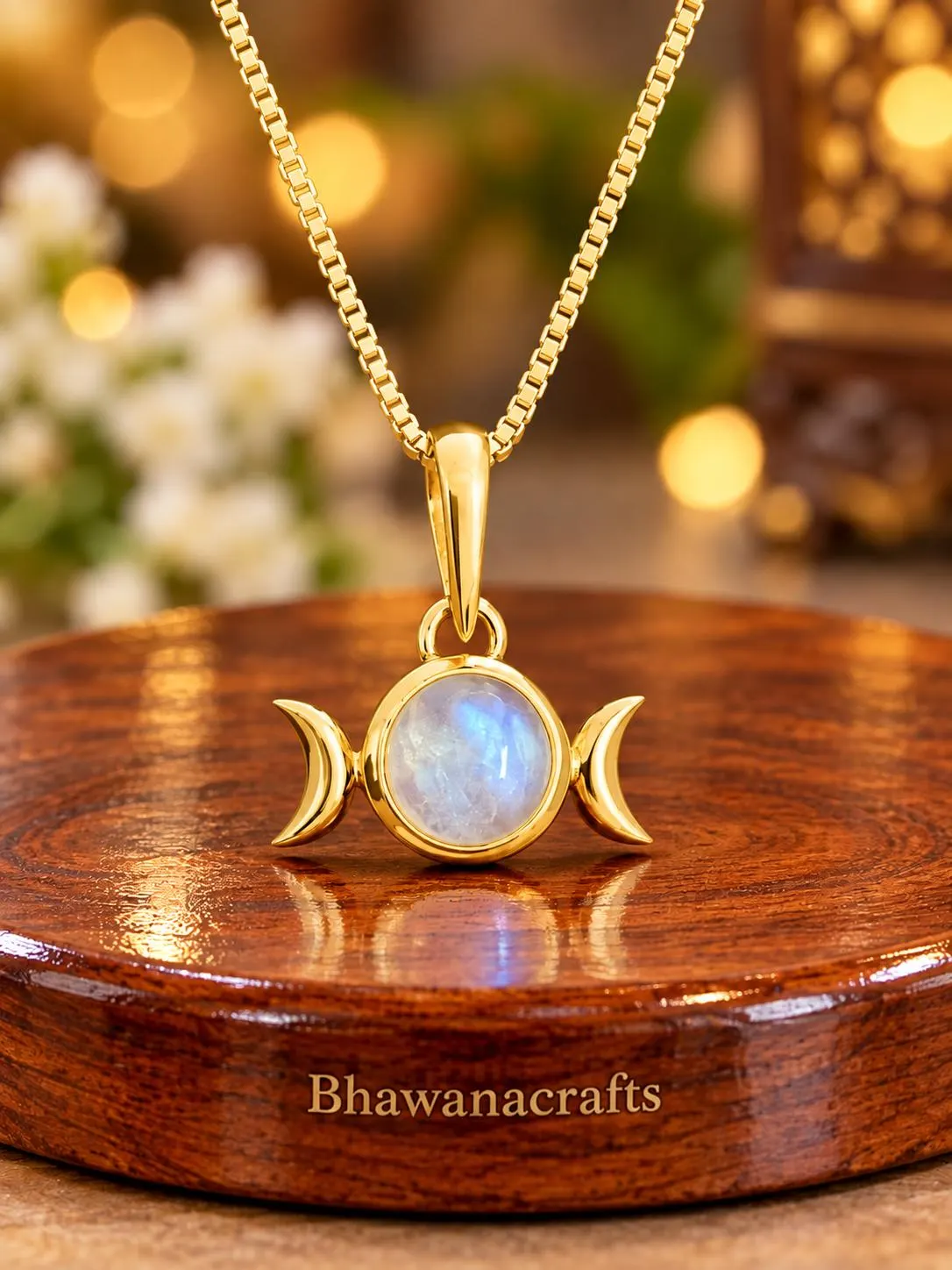 Moonstone Crescent Moon Pendant, 925 Sterling Silver Necklace, Celestial Jewelry, Triple Moon Necklace, Gift for Her