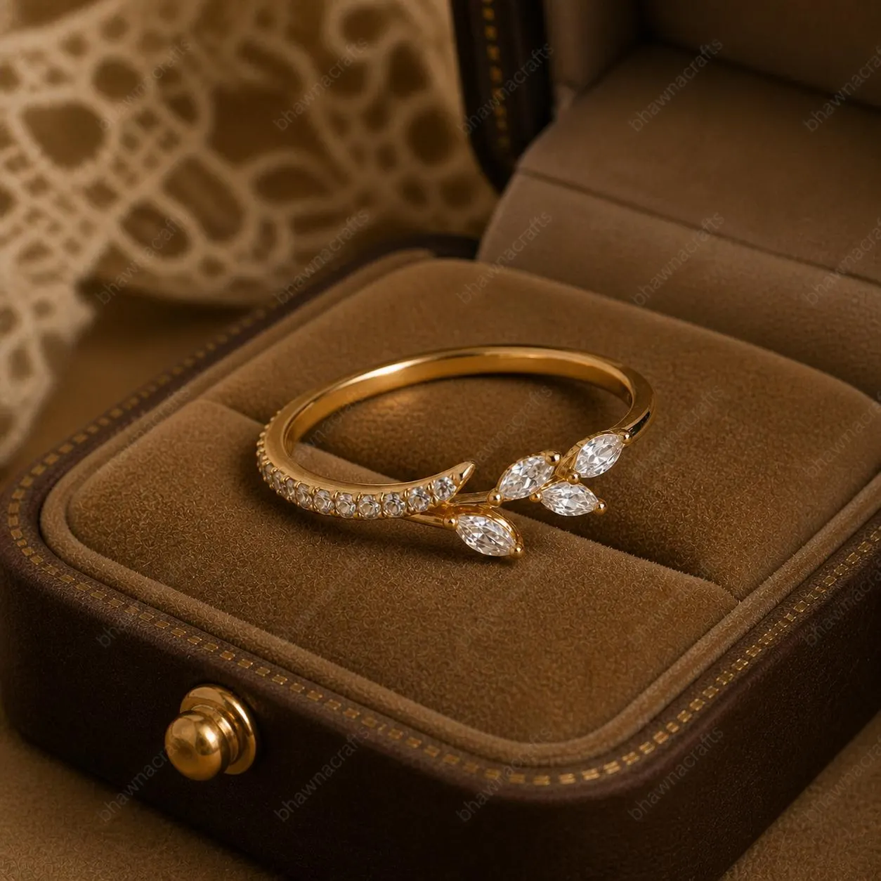 Moissanite Leaf Ring – 925 Sterling Silver Gold Plated Open Band, Minimalist Nature Inspired Engagement Promise Ring - image 5