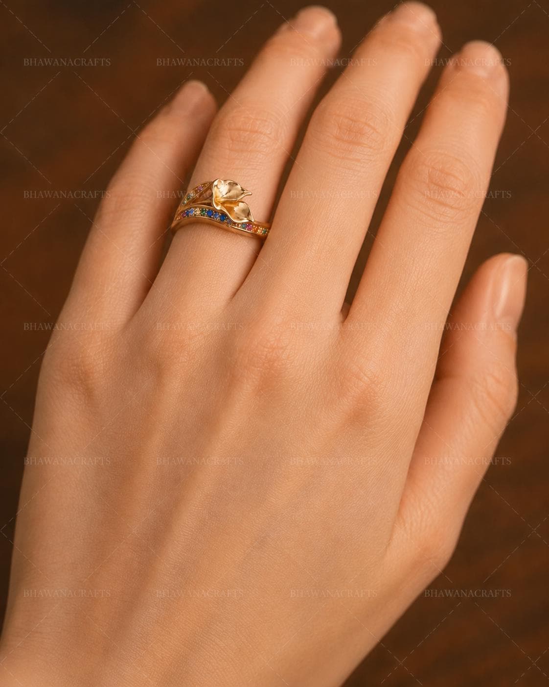 Rainbow Multicolor Leaf Flower Ring, 925 Sterling Silver Ring, Gold Plated Floral Band, Colorful Gemstone Ring, Gift for Women - image 3
