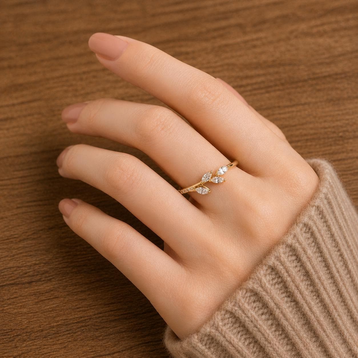 Moissanite Leaf Ring – 925 Sterling Silver Gold Plated Open Band, Minimalist Nature Inspired Engagement Promise Ring - image 3
