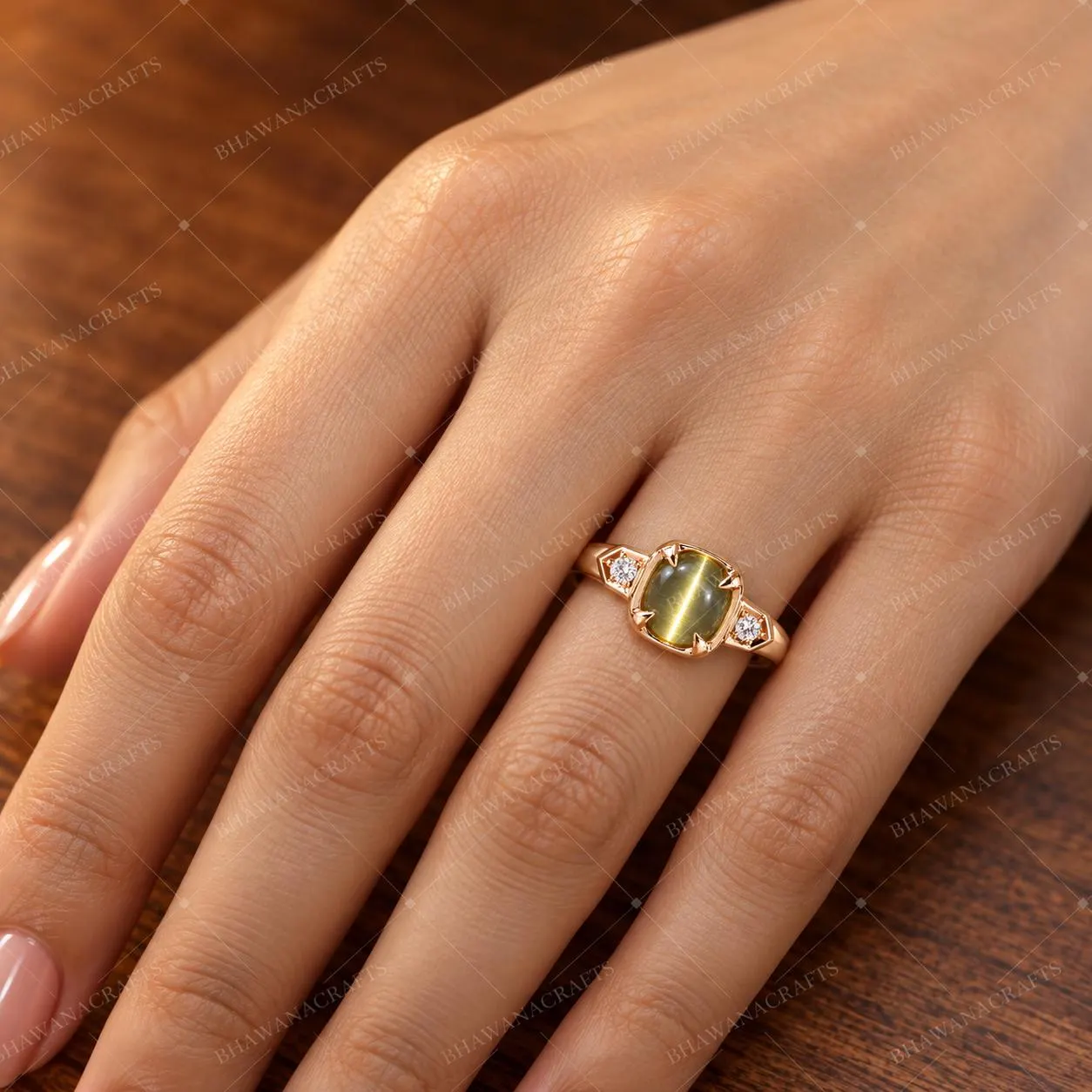 Natural Cats Eye, Ring 925 Sterling Silver, Gold Tone Gemstone Ring, Oval Cat's Eye Cabochon Ring, Handmade Statement Jewelry - image 3