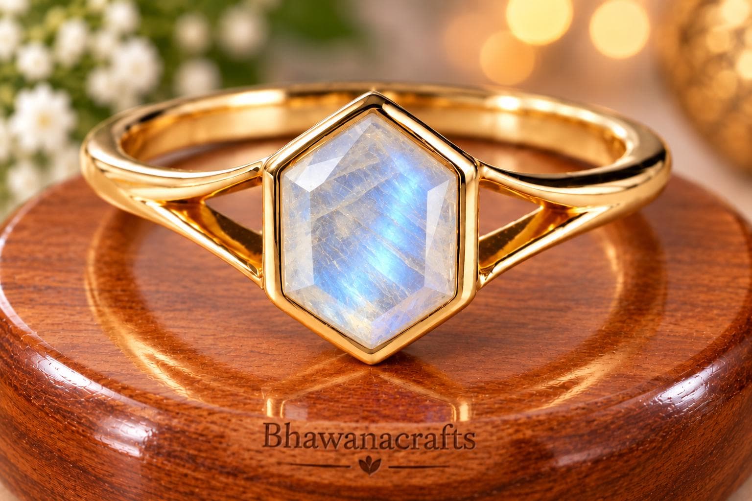 Moonstone Ring, 925 Sterling Silver, Hexagon Moonstone Ring, Rainbow Moonstone Ring, Handmade Gemstone Ring, Statement Ring, Gift for Her