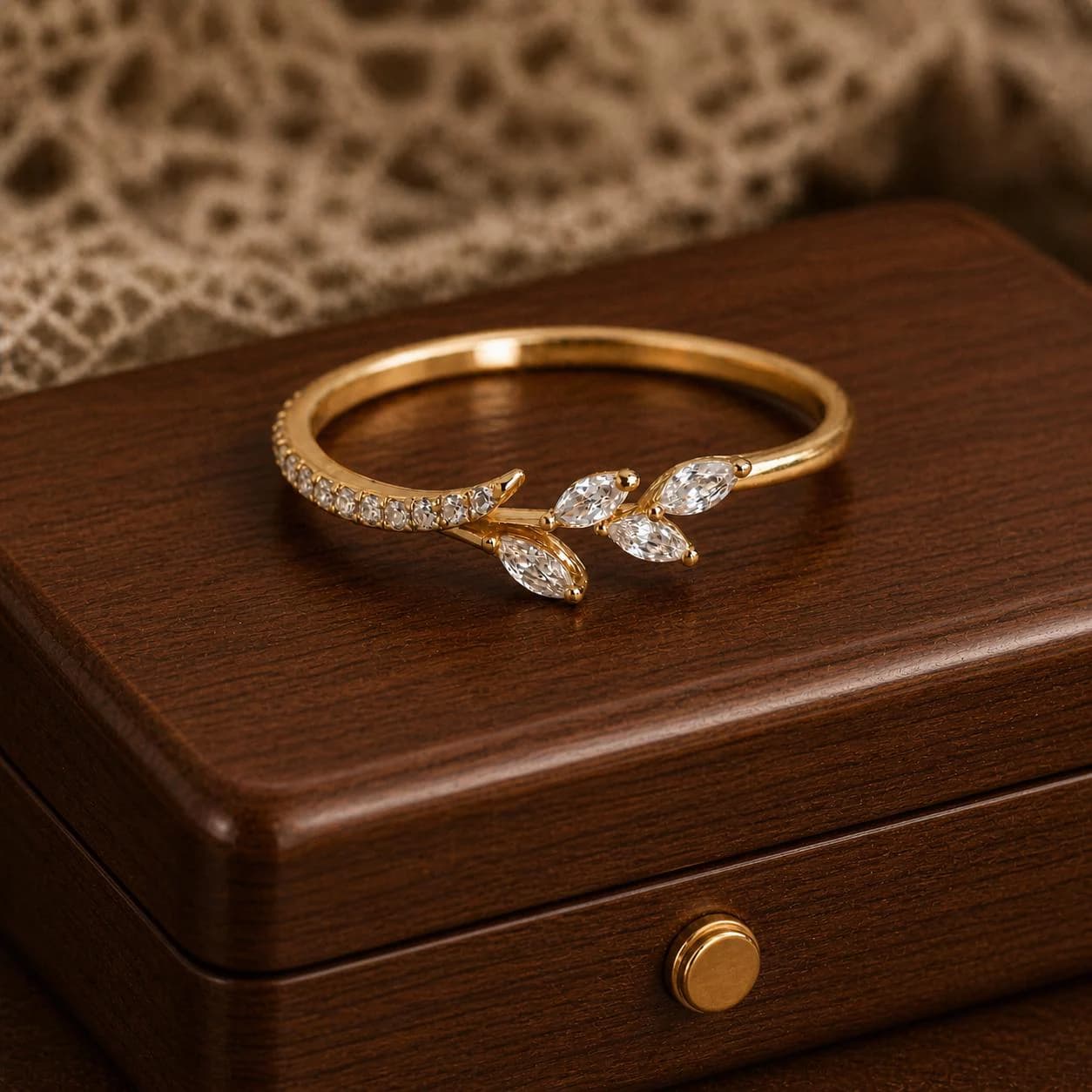 Moissanite Leaf Ring – 925 Sterling Silver Gold Plated Open Band, Minimalist Nature Inspired Engagement Promise Ring