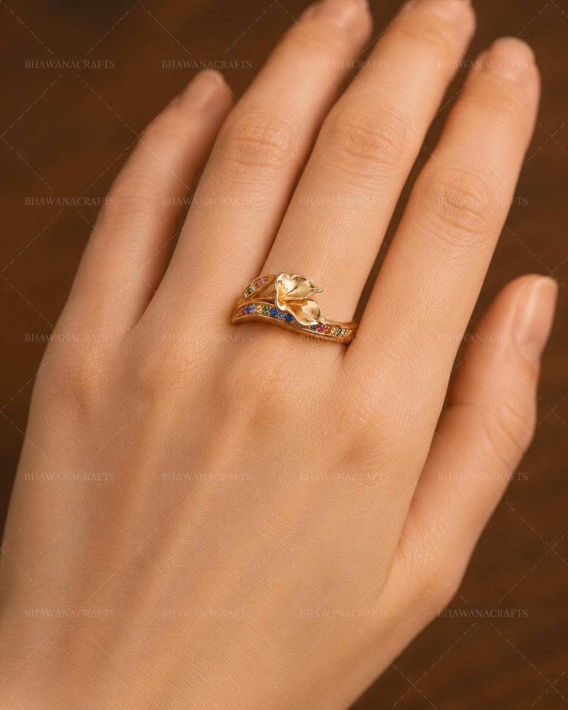 Rainbow Multicolor Leaf Flower Ring, 925 Sterling Silver Ring, Gold Plated Floral Band, Colorful Gemstone Ring, Gift for Women - image 5