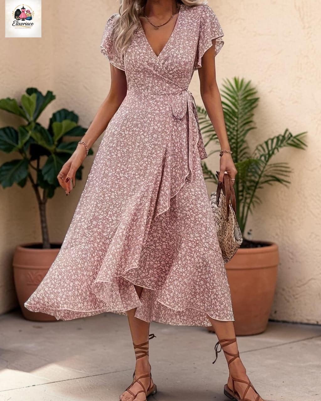 Floral Wrap Maxi Dress, V-Neck Ruffle Summer Boho Beach Dress - image 3