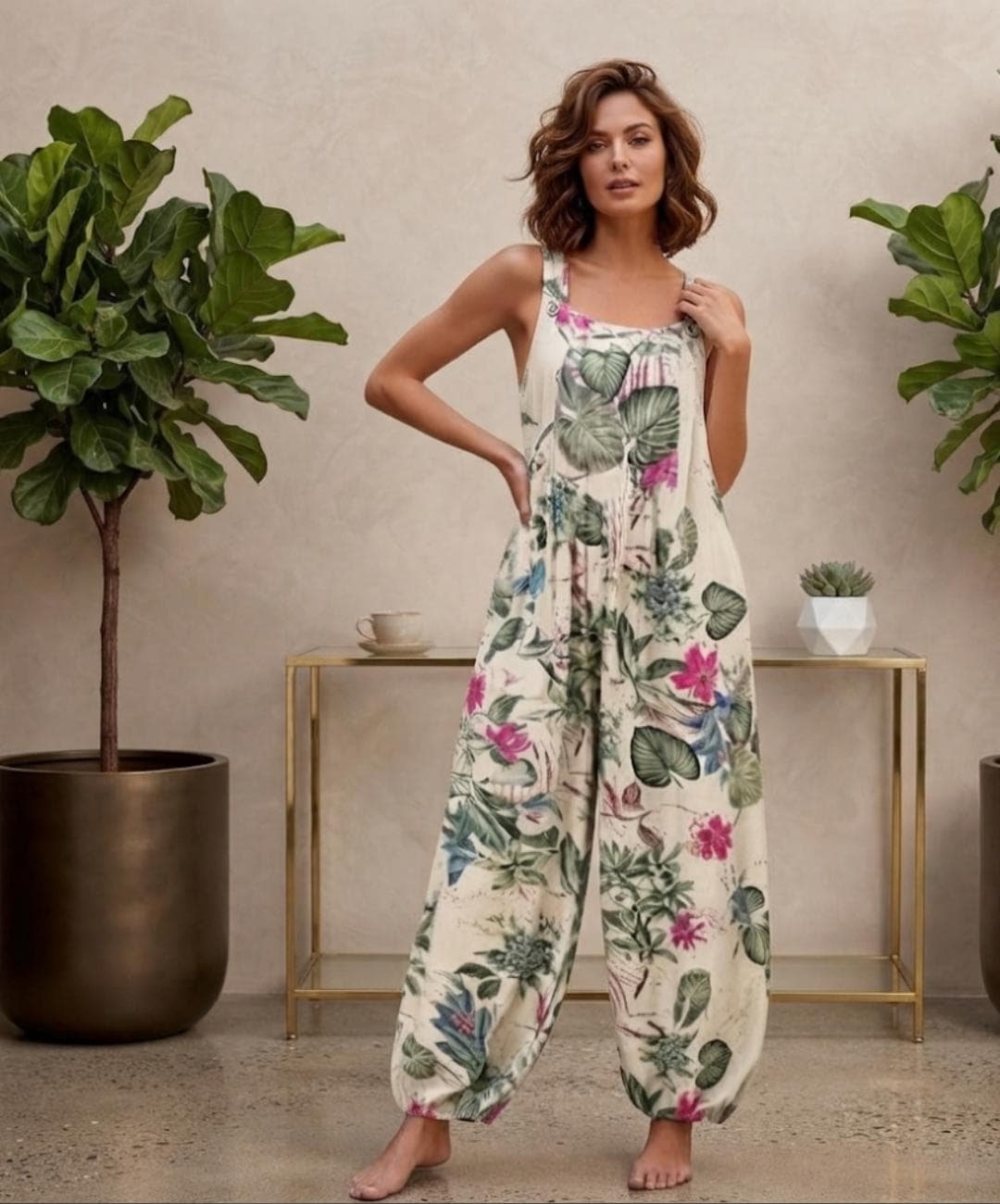 Floral Print Wide Leg Jumpsuit, Sleeveless Cotton Linen Boho Harem Romper - image 2
