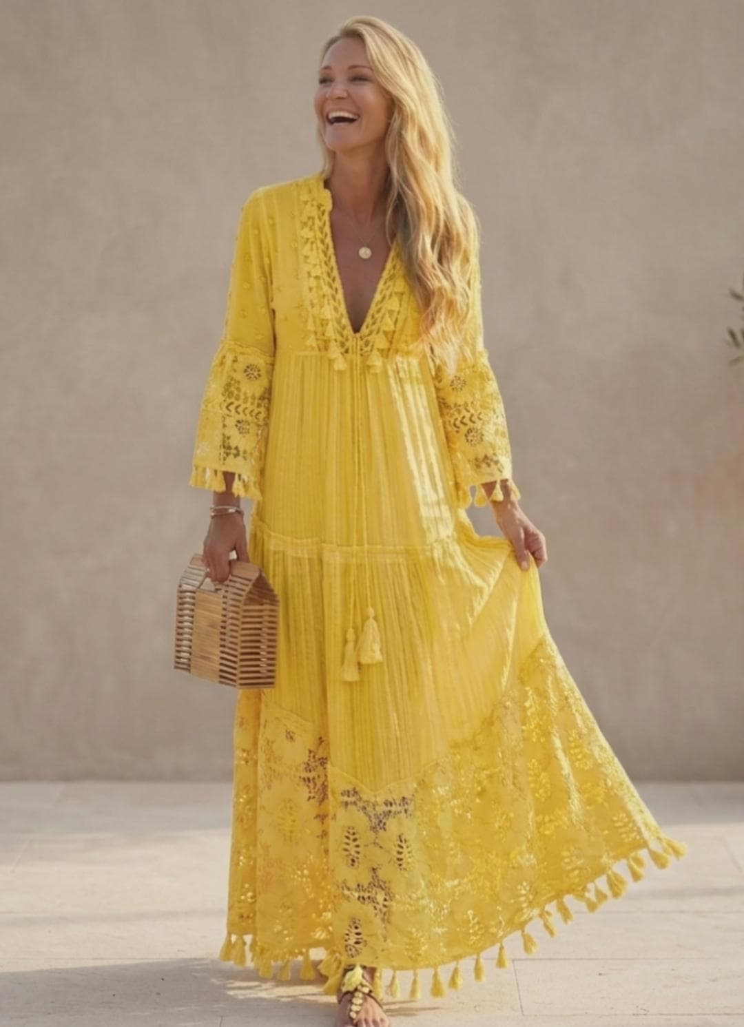 Linen Maxi Dress, Boho V-Neck Loose Fit, Striped Cotton-Blend with Pockets - image 5